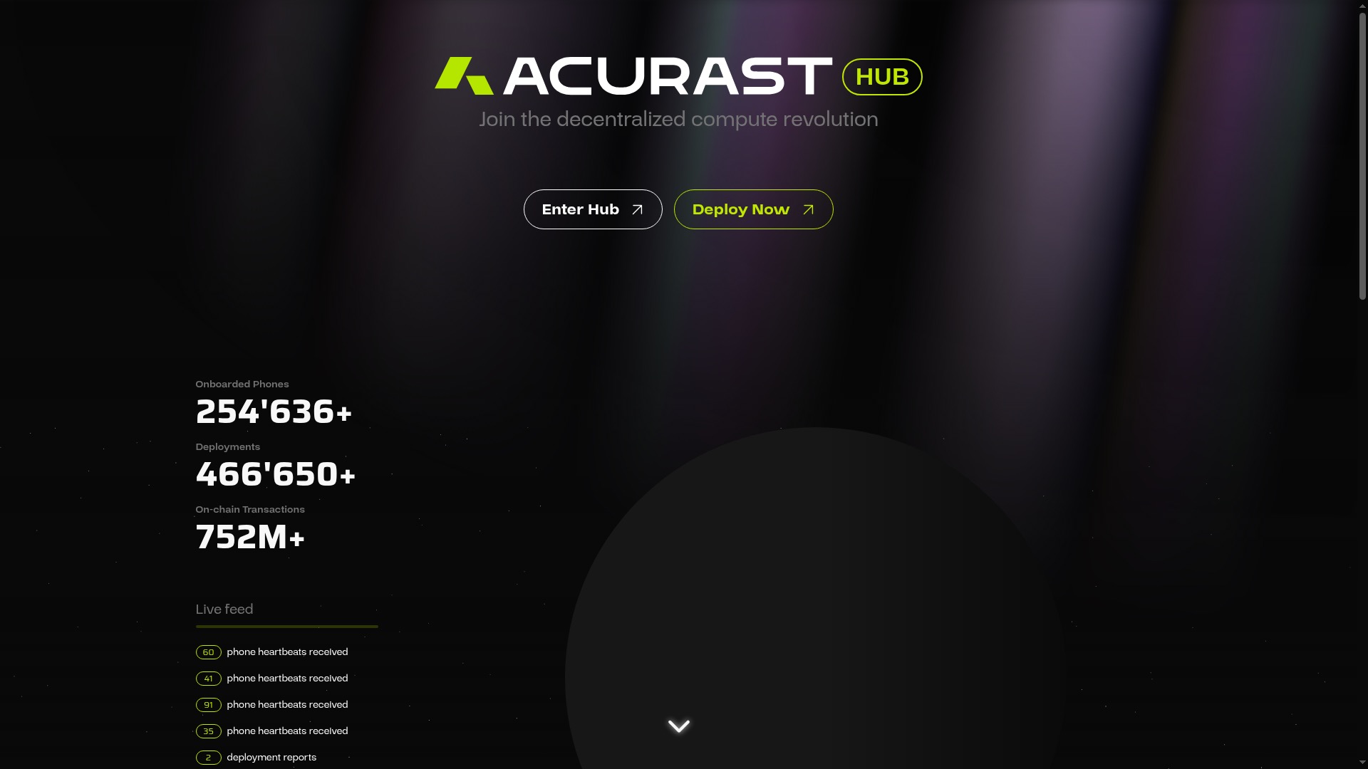 Acurast Hub website — decentralized compute network powered by smartphones, Q1 2026 Launchpad Scorecard