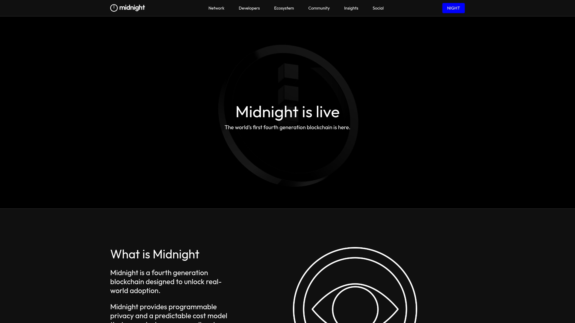 Midnight Network website — privacy protocol built by Input Output Global, Q1 2026 Launchpad Scorecard