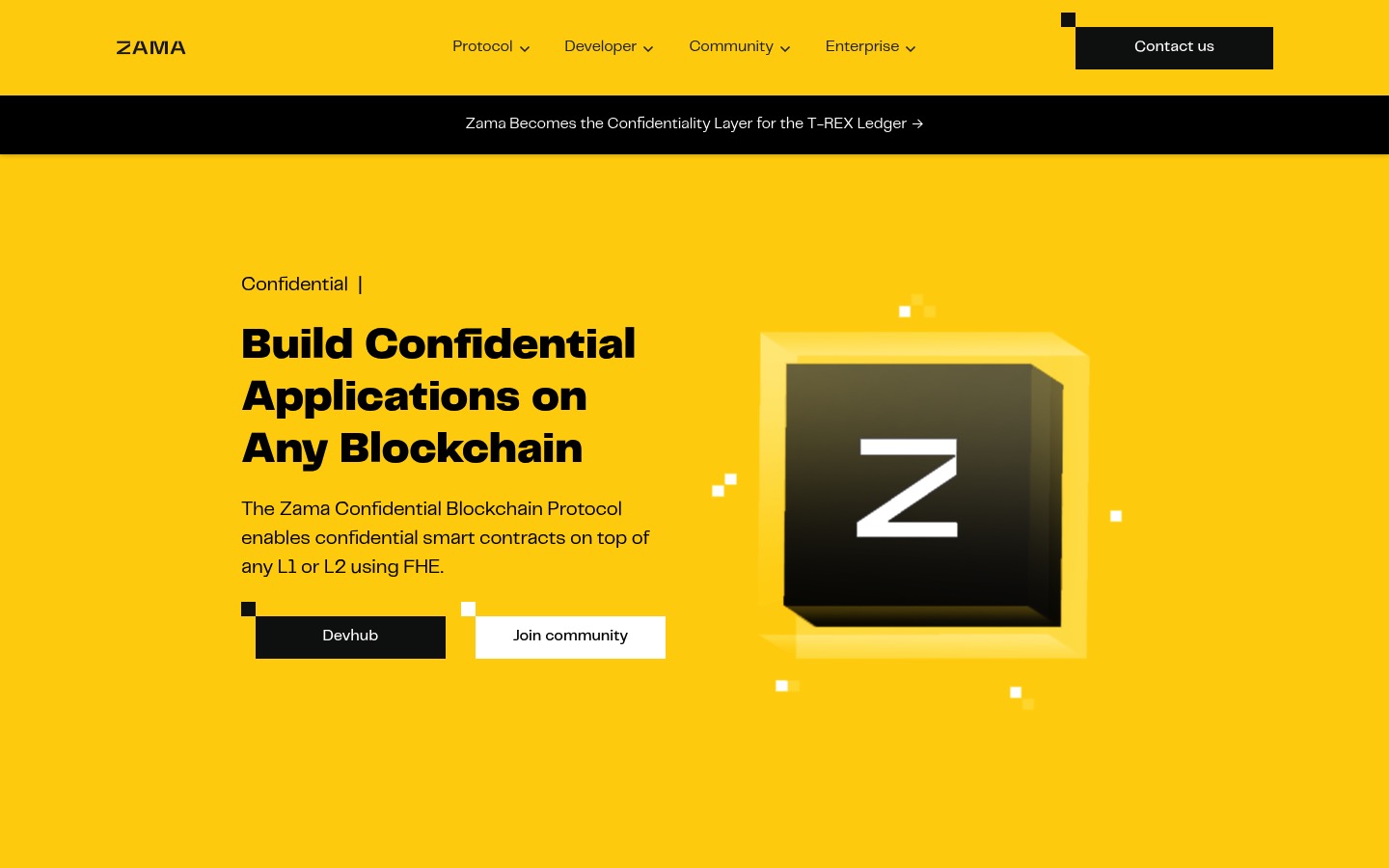 Zama website — fully homomorphic encryption infrastructure, $150M+ raised, Q1 2026 Launchpad Scorecard